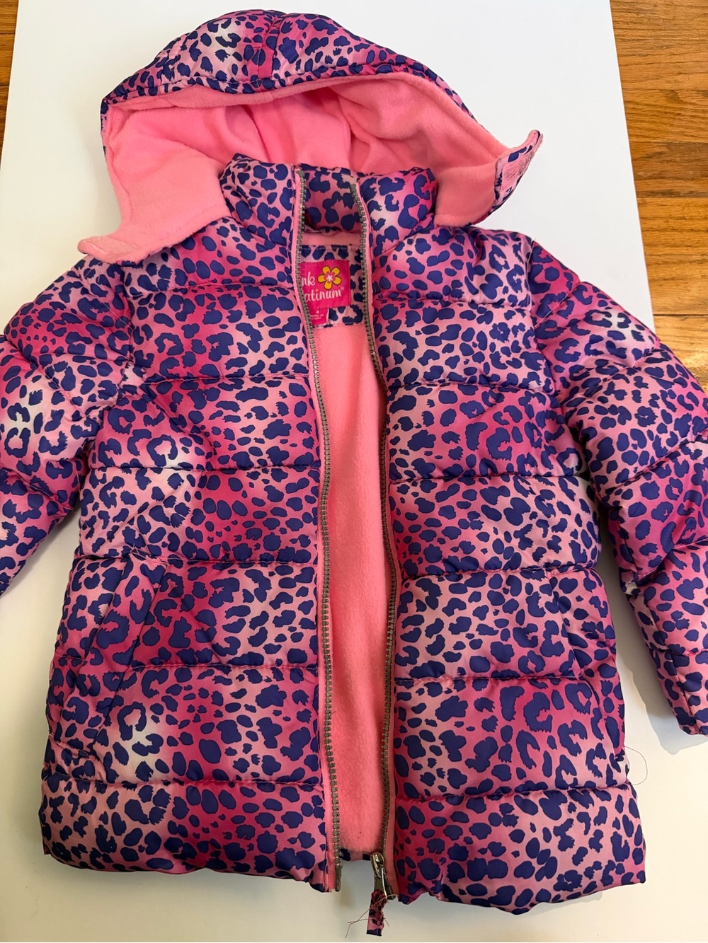 Pink Platinum Girls' Pink and Purple Leopard-Print Puffer Jacket with Hood